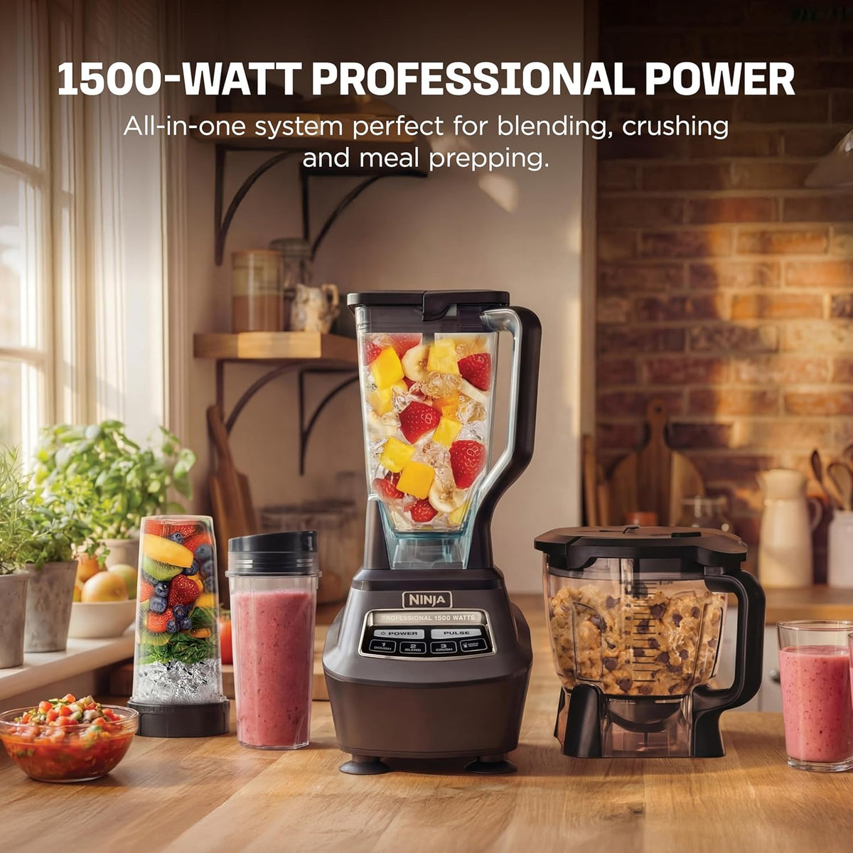 Système de cuisine Ninja | Robot culinaire et blender tout-en-un pour smoothies | inclut un pichet, deux gobelets de 473 ml et un bol de 2 litres | Prépare salsa, pâtes, milkshakes et boissons glacées | 1500 W | Noir | BL770