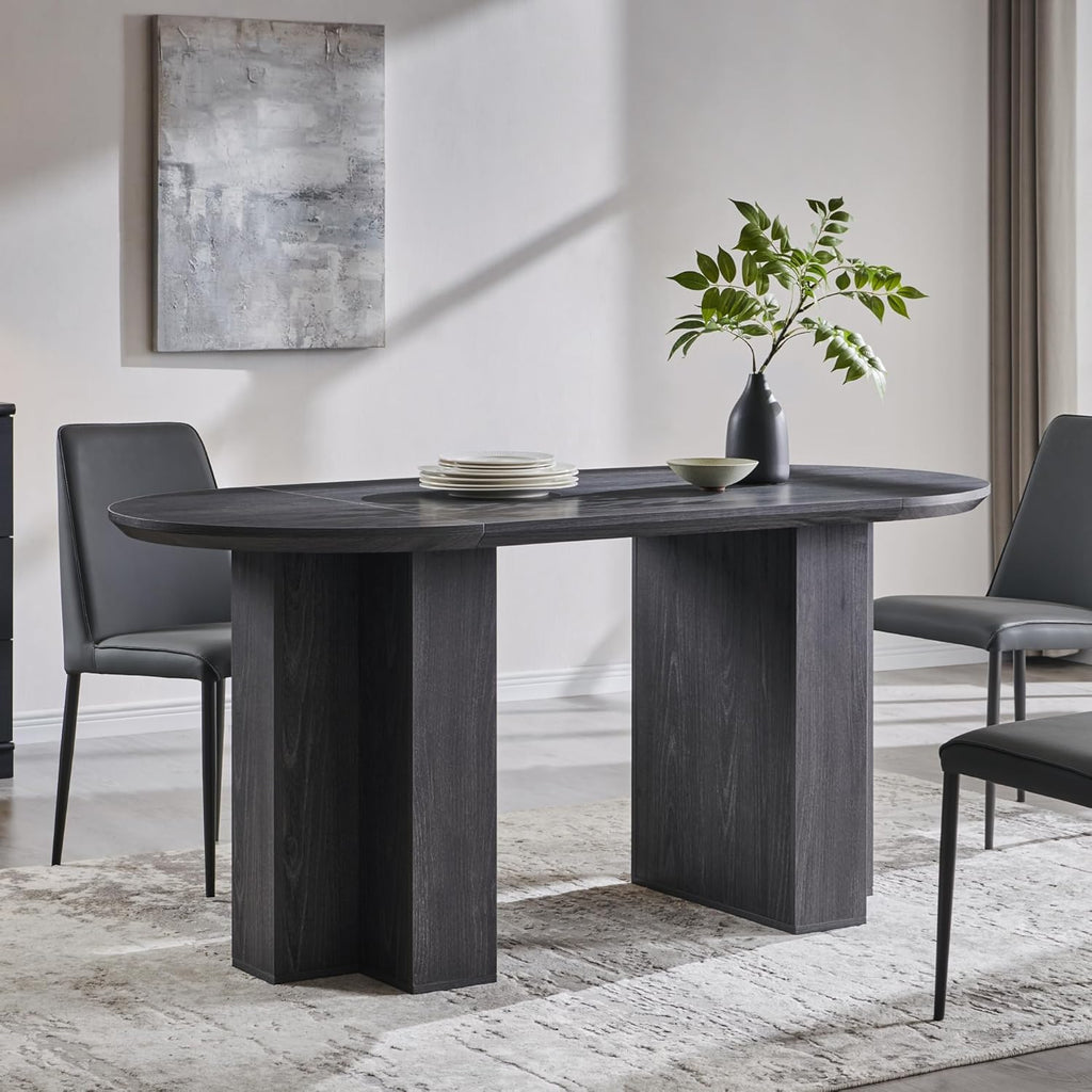 Table de salle à manger ovale moderne en bois OKD de 160 cm (63 pouces) pour 4 à 6 personnes, dotée de piètement stable en forme de T, structure en métal et plateau épais. Table robuste idéale pour la salle à manger, la cuisine ou les réunions de fam