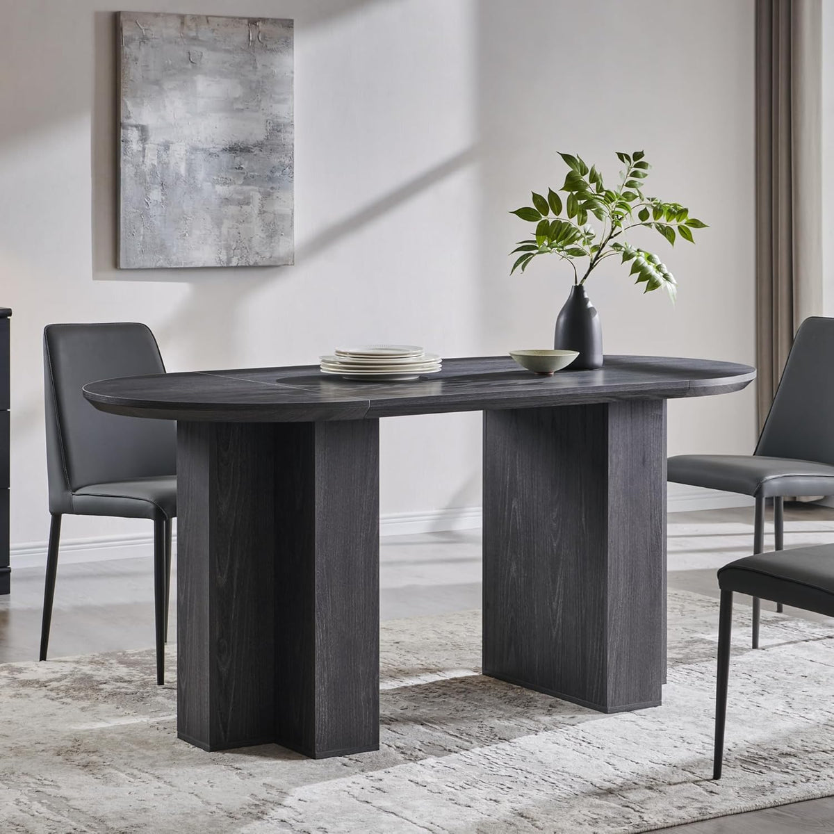 Table de salle à manger ovale moderne en bois OKD de 160 cm (63 pouces) pour 4 à 6 personnes, dotée de piètement stable en forme de T, structure en métal et plateau épais. Table robuste idéale pour la salle à manger, la cuisine ou les réunions de fam