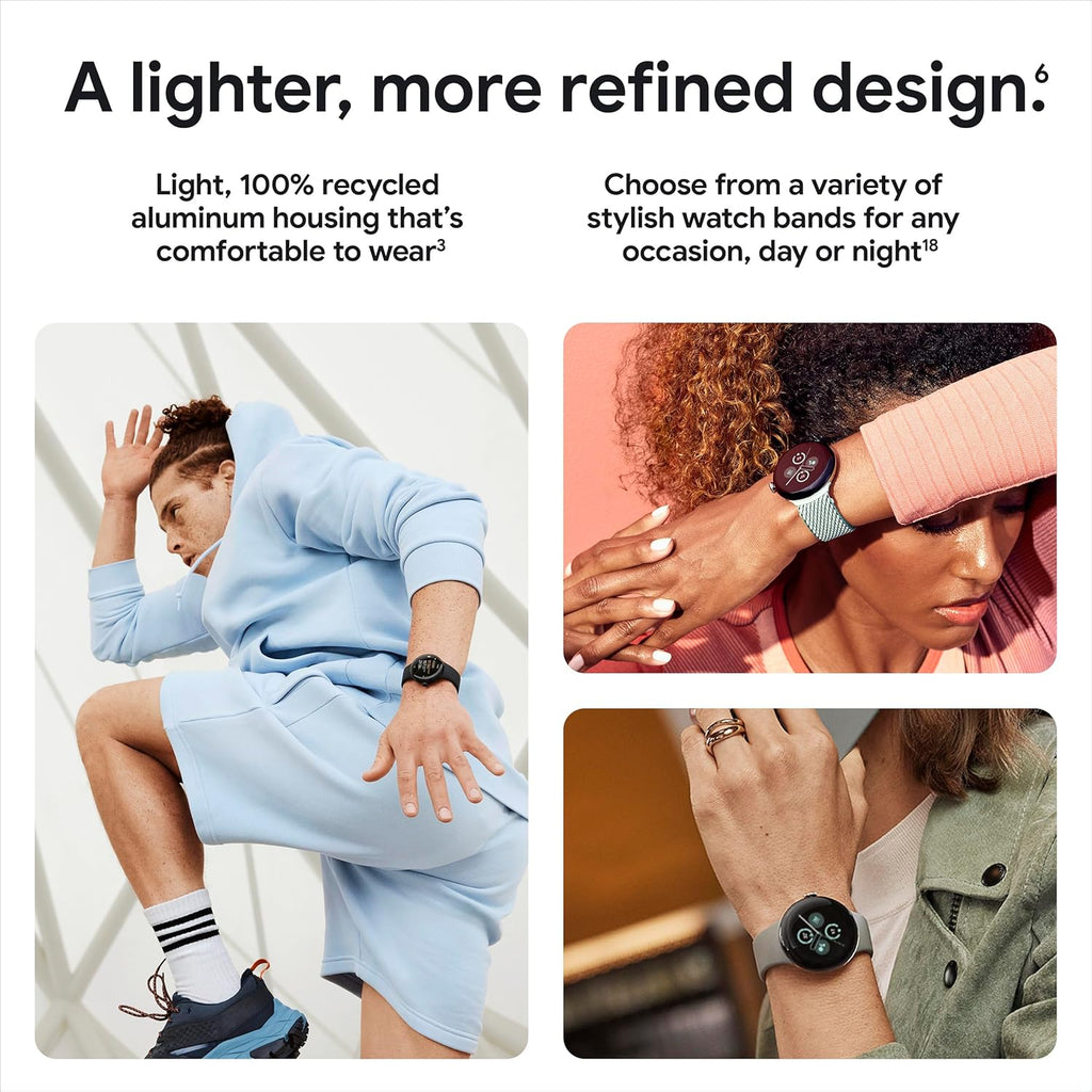 Présentation : Google Pixel Watch 2 (modèle précédent) avec le meilleur de Fitbit : suivi de la fréquence cardiaque, gestion du stress, sécurité. Montre connectée Android avec boîtier en aluminium argenté poli, bracelet Bay Active et Wi-Fi.