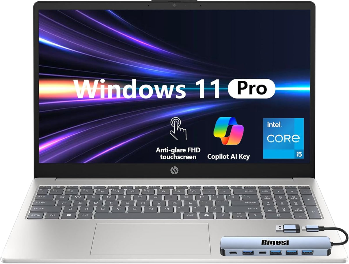 Ordinateur compact portable HP 15,6" FHD tactile, processeur Intel i5, 16 Go de RAM, SSD de 512 Go, Windows 11 Pro, Wi-Fi 6, pack professionnel haut de gamme avec station d'accueil – Argent naturel