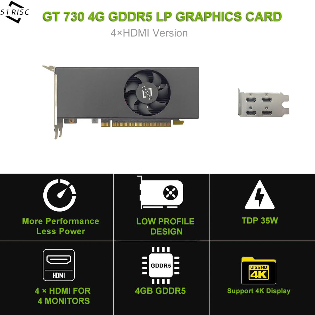 Carte graphique 51RISC GT 730 4 Go LP, 4 ports HDMI, profil bas, GDDR5, format au format compact, adaptée à les jeux doté de écran 8K, PC de bureau/mini PC SFF (GTX 730 4G 4×HDMI LP)