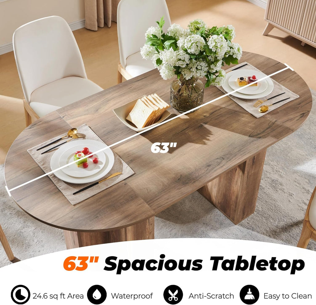 Table de salle à manger ovale moderne en bois OKD de 160 cm (63 pouces) pour 4 à 6 personnes, dotée de piètement stable en forme de T, structure en métal et plateau épais. Table de cuisine robuste idéale pour la salle à manger, la cuisine ou les réun