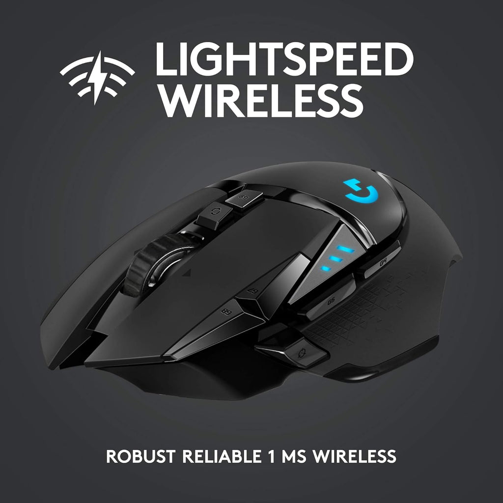 Souris gaming à connectivité sans fil Logitech G502 Lightspeed doté de capteur Hero 25K, compatible PowerPlay, poids ajustables et éclairage RVB Lightsync - Noir