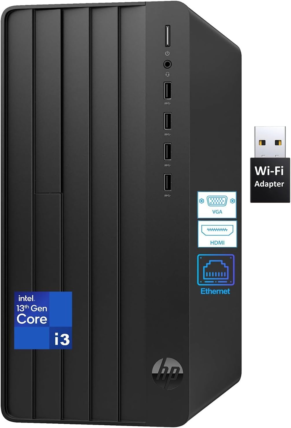 Ordinateur de bureau HP (tour) pour un usage domestique, les étudiants et les professionnels : processeur Intel quadricœur de 13e génération, 16 Go de RAM DDR4, SSD PCIe de 256 Go, adaptateur Wi-Fi, ports VGA, RJ-45 et HDMI, clavier et souris…