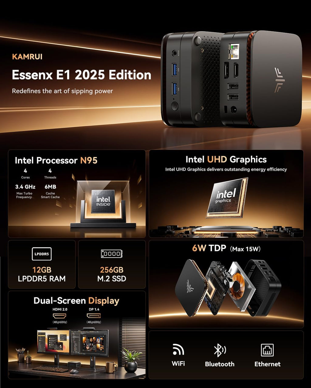 Mini-ordinateur KAMRUI Essenx E1 doté de processeur N95, 12 Go de RAM LPDDR5 et SSD M.2 de 256 Go. Mini PC au format compact compatible double Wi-Fi 4K, Ethernet et Bluetooth. adapté à les entreprises.