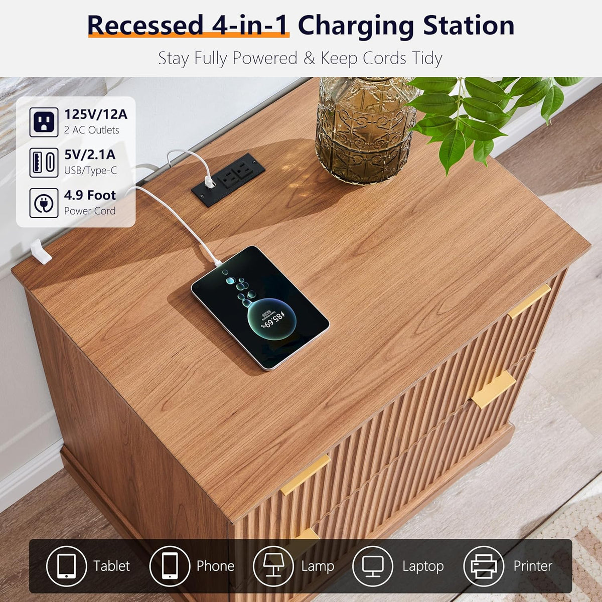Classeur à deux tiroirs JXQTLINGMU dotée de station de charge, classeur latéral cannelé 30 pouces avec tringle de suspension pour dossiers format lettre/légal/A4, grand plateau pour imprimante, meuble de bureau en bois pour imprimante, finition grain