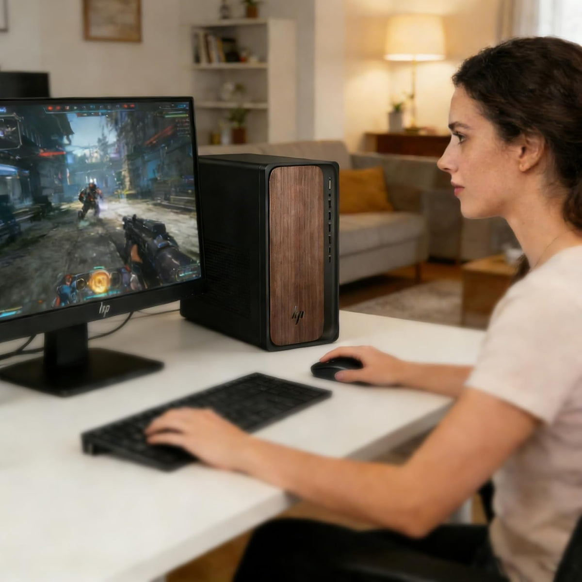 Ordinateur de bureau HP OmniDesk – Intel Core Ultra 7 265, 16 Go de mémoire DDR5, SSD de 1 To, design élégant en bois foncé, performances solides optimisées pour l'IA, Windows 11 Professionnel doté de station d'accueil