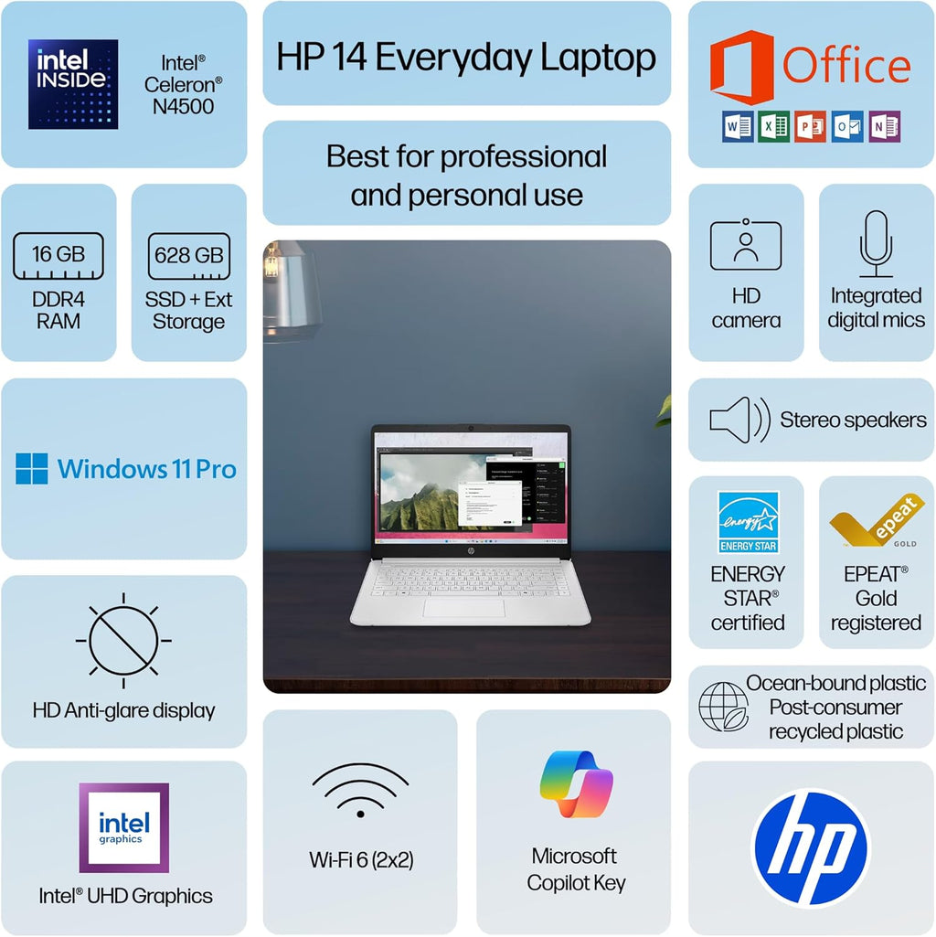 Ordinateur compact portable HP 14 fin et léger pour étudiants et professionnels (promotion 2026), avec suite Office, Copilot AI, processeur Intel jusqu'à 2,8 GHz, 16 Go de RAM, 628 Go de stockage (SSD 128 Go + extension 500 Go), Wi-Fi 6, Windows 11