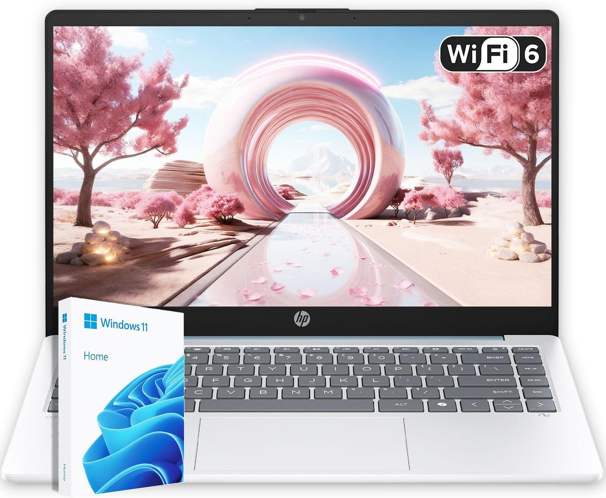 Ordinateur compact portable HP 14 Bleu clair de lune avec Office 365, processeur AMD, 4 Go de mémoire vive DDR5 intégrée, 1,1 To de stockage (128 Go SSD et 1 To OneDrive), écran HD, Windows 11, performances économes en énergie et silencieuses.