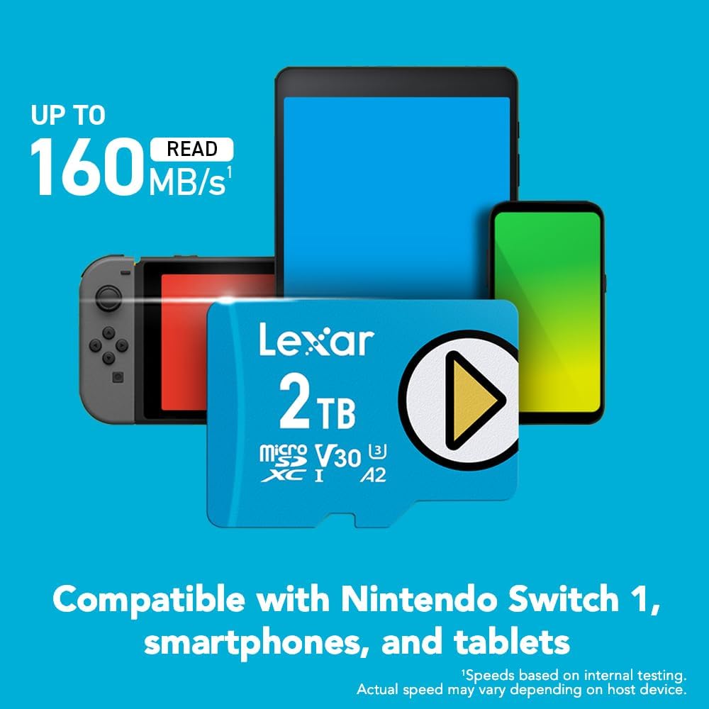Carte microSD Lexar Play bleue 2 To, UHS-I, C10, U3, V30, A2, 4K, jusqu'à 160 Mo/s, carte mémoire microSDXC, extension de stockage pour Nintendo Switch 1, consoles de jeux, smartphones et tablettes (LMSPLBL002T-BNNNU) pratique