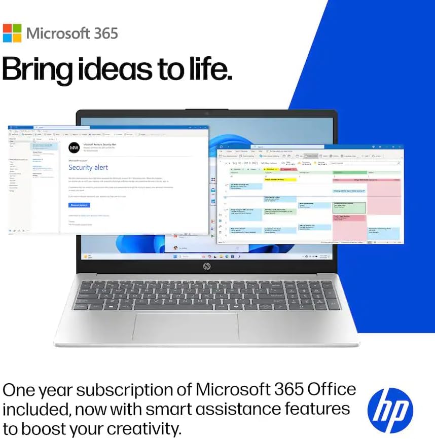 Ordinateur compact portable professionnel HP 15,6 pouces avec Microsoft Office 365 et Copliot AI, 16 Go de RAM, SSD de 128 Go, processeur Intel quadricœur, Windows 11, écouteurs PLUSERA, argent naturel