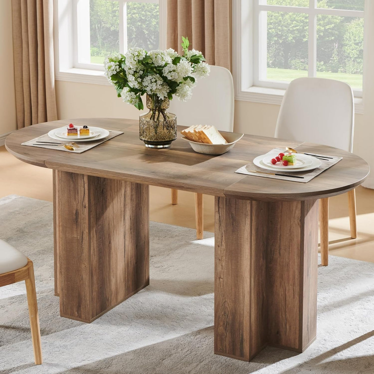 Table de salle à manger ovale moderne en bois OKD de 160 cm (63 pouces) pour 4 à 6 personnes, dotée de piètement stable en forme de T, structure en métal et plateau épais. Table de cuisine robuste idéale pour la salle à manger, la cuisine ou les réun