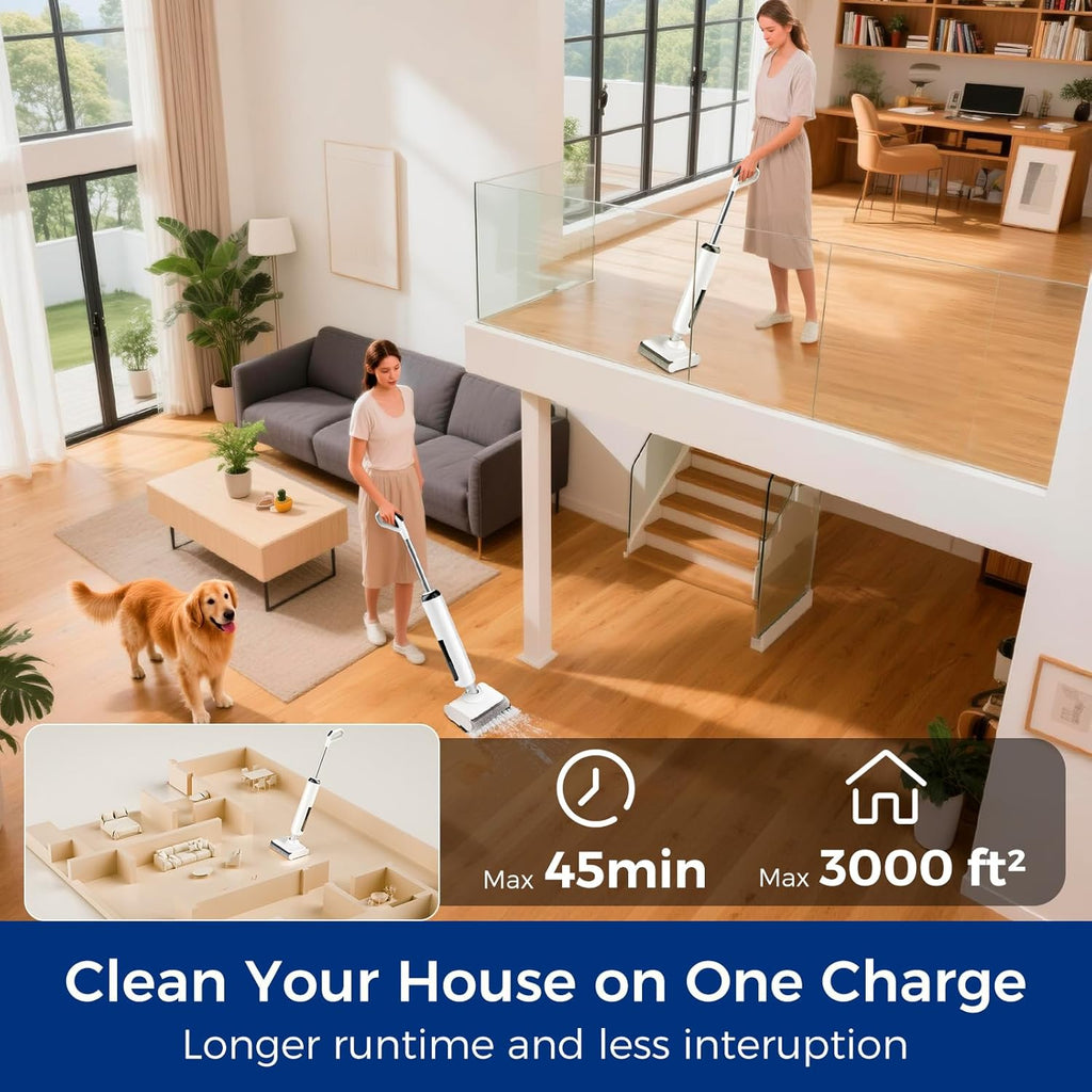 Balai aspirateur eau et poussière, balai aspirateur à connectivité sans fil tout-en-un à plat à 180°, machine de nettoyage des sols, autonomie de 45 minutes, nettoyage automatique allant jusqu'à 70 °C, nettoyage des bords, balai aspirateur…