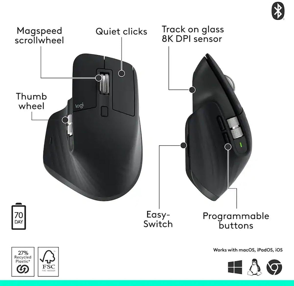 Logitech MX Master 3S - Souris à connectivité sans fil haute performance doté de défilement ultra-réactif, ergonomie, 8 000 DPI, technologie Track on Glass, clics silencieux, Bluetooth, compatible Windows, Linux et Chrome, noire