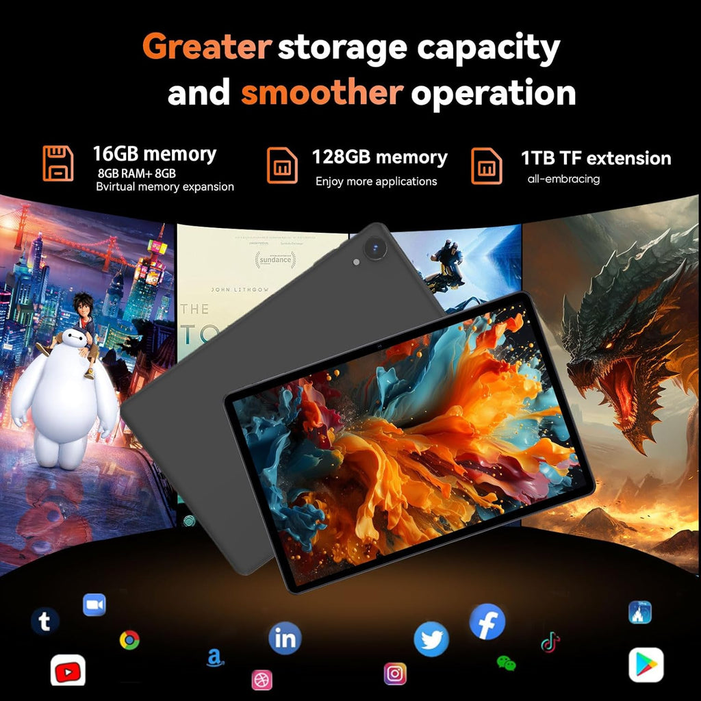 Tablette tactile HUIHUANG 10 pouces Android 14, 16 Go de RAM, 128 Go de ROM, extension jusqu'à 1 To, processeur octocœur, batterie haute capacité, double caméra 5 MP + 8 MP, Wi-Fi 5 GHz/2,4 GHz, Bluetooth 5.0, GPS, étui antichoc