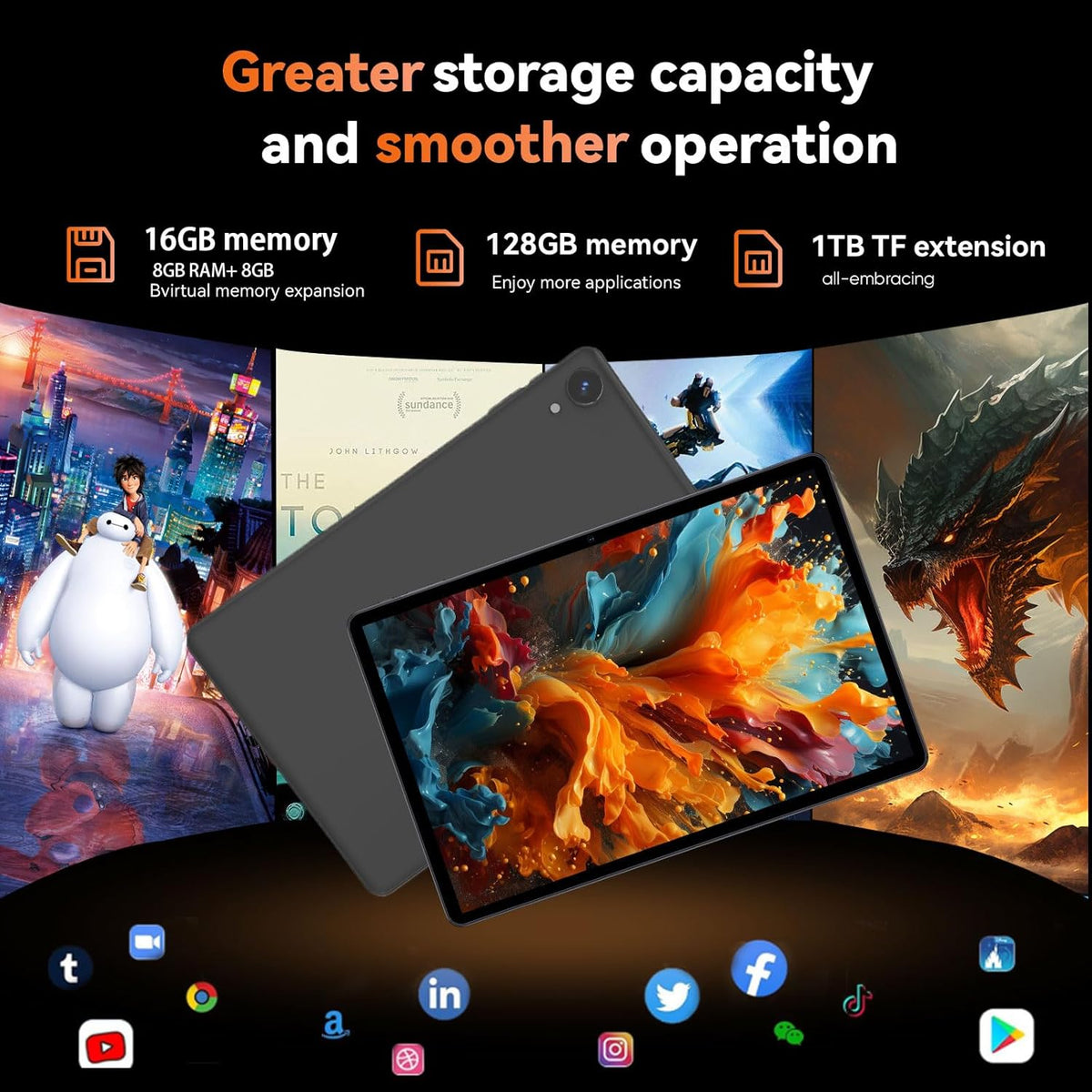 Tablette tactile HUIHUANG 10 pouces Android 14, 16 Go de RAM, 128 Go de ROM, extension jusqu'à 1 To, processeur octocœur, batterie haute capacité, double caméra 5 MP + 8 MP, Wi-Fi 5 GHz/2,4 GHz, Bluetooth 5.0, GPS, étui antichoc