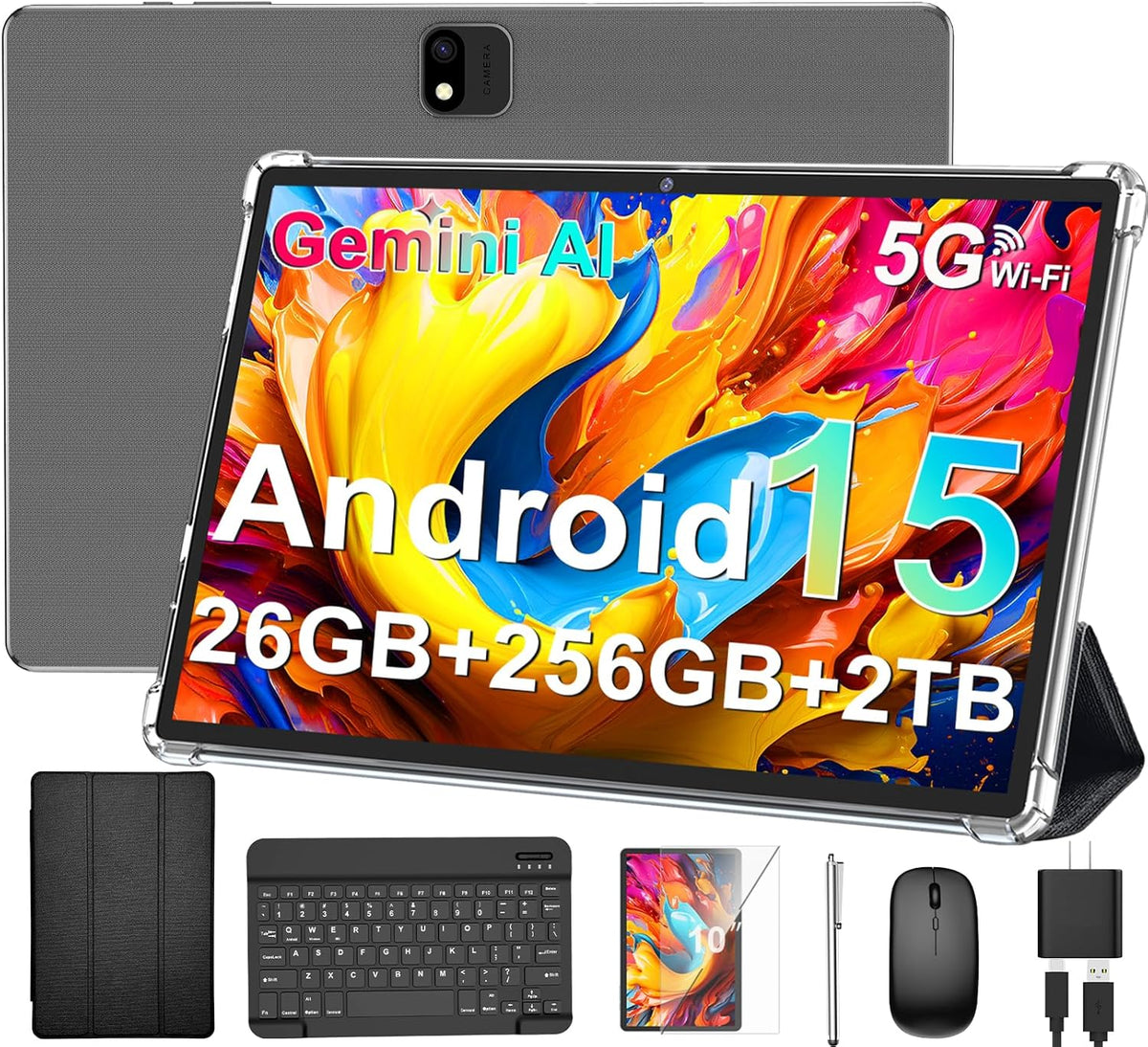 Tablette tactile Android avec clavier, 2026 Android 15, écran 10 pouces, 26 Go + 256 Go + 2 To extensible, tablette PC électronique avec processeur Gemini 8 cœurs, batterie 8 000 mAh, Wi-Fi 5G, GMS, tablette 2 en 1 avec étui, souris et stylet (étui v
