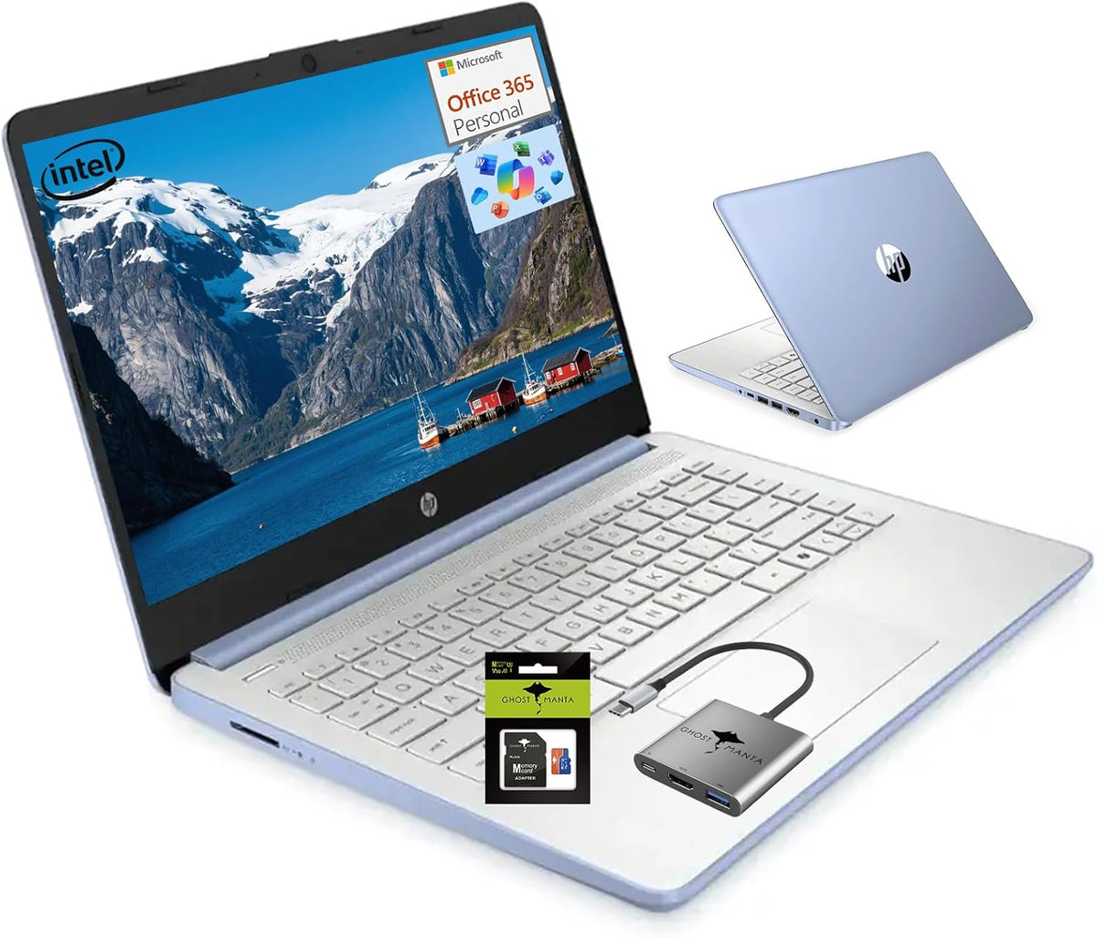 Ordinateur compact portable HP 14 pour étudiants - Rentrée scolaire - Processeur quadricœur (jusqu'à 3,6 GHz) - 8 Go de RAM - 192 Go de stockage (128 Go UFS + carte SD de 64 Go) - Logiciel Office 365 Copilot AI inclus (1 an) - Windows 11 - Bleu ciel