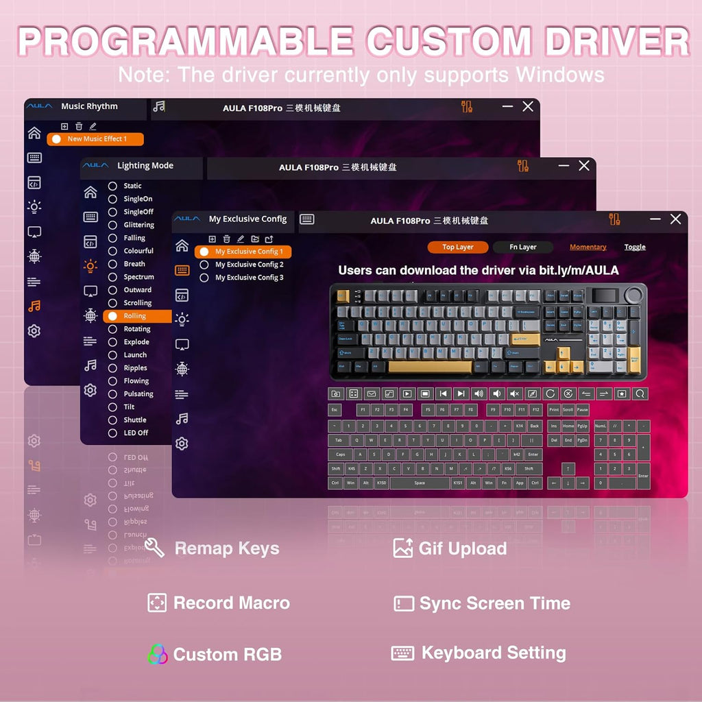 AULA F108 PRO - Clavier mécanique à connectivité sans fil doté de écran et molette, clavier complet doté de batterie 8000 mAh, commutateurs pré-lubrifiés, touches PBT imprimées latéralement, rétroéclairage RGB, touches roses personnalisables et…