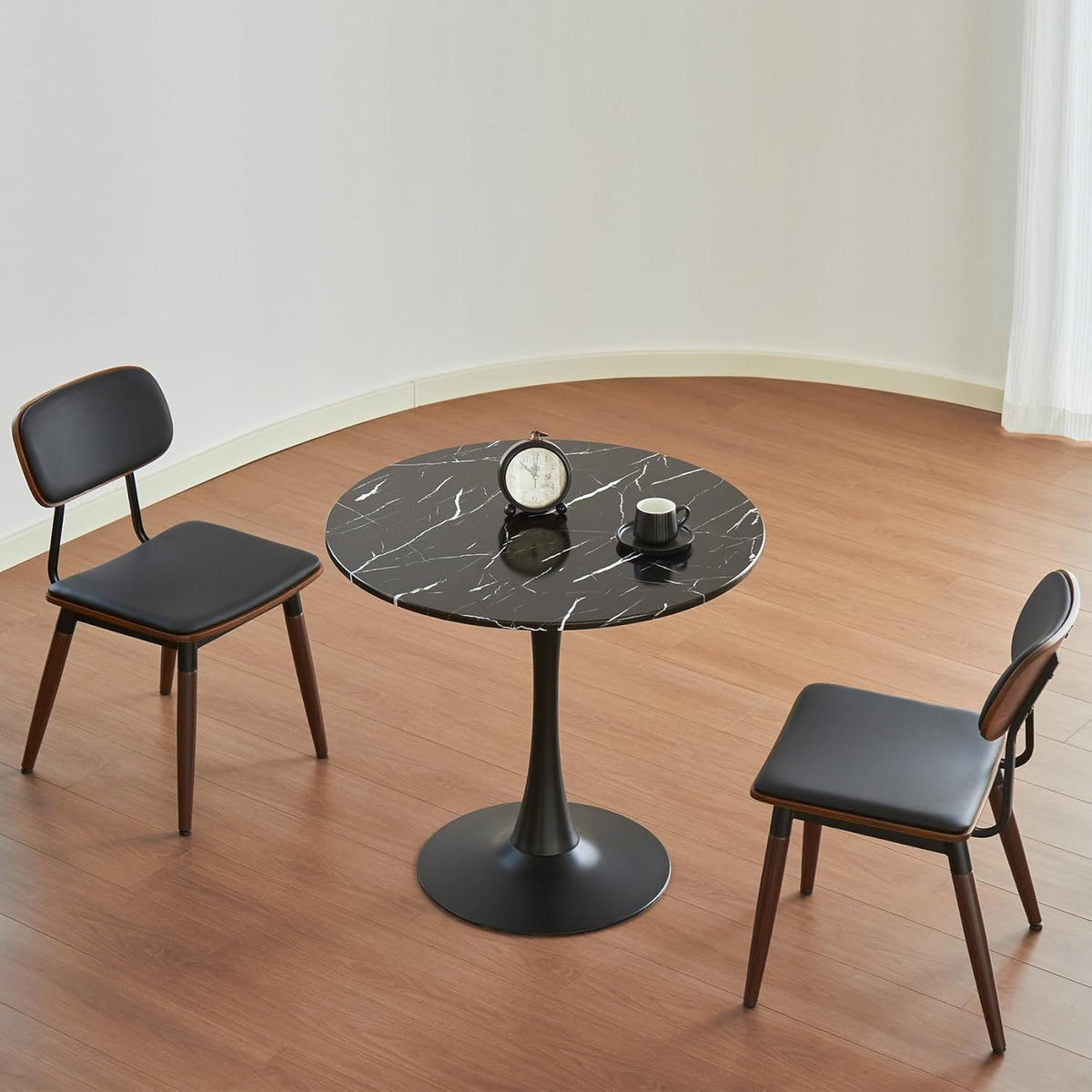Table de salle à manger ronde, table tulipe circulaire de 80 cm dotée de plateau épais et pied en métal, table bistro moderne du milieu du siècle pour cuisine, petits espaces, salon, café (motif marbre noir)