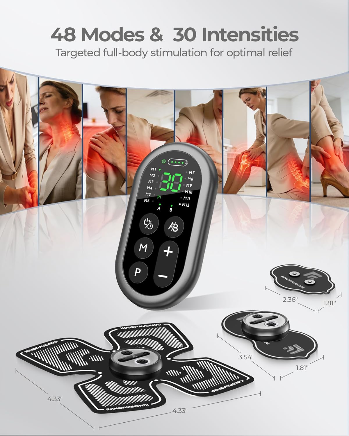 Appareil d'électrostimulation musculaire à connectivité sans fil KingPavonini TENS - Rangement et chargement tout-en-un, 48 modes et 30 intensités, appareil TENS à double canal pour le soulagement de la douleur, électrodes XL pour le dos, les…