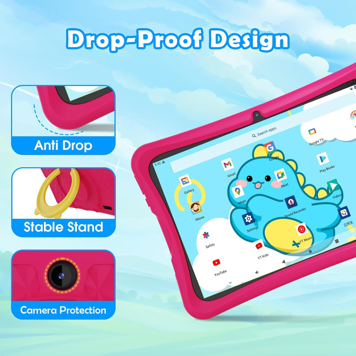 Tablette tactile DigiLand Android 15 pour enfants, 10,1 pouces, 6 Go de RAM + 32 Go de ROM (extensible via carte TF), contrôle parental, applications pour enfants préinstallées, double caméra 2 MP + 5 MP, tablette éducative Android avec étui de prote