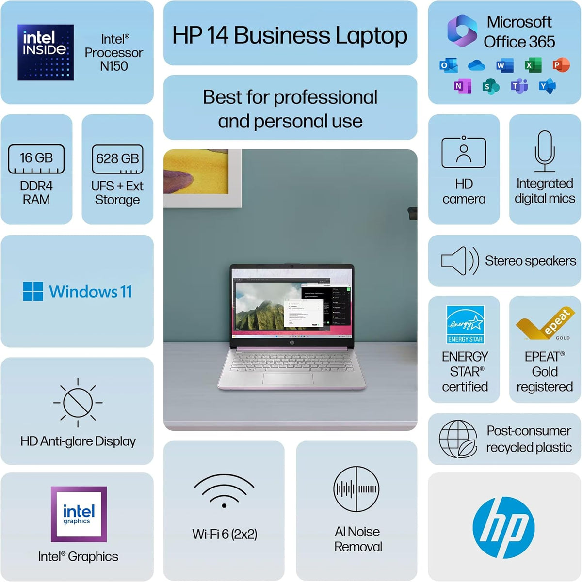 Ordinateur compact portable HP 14 Étudiant Professionnel 2025, modèle phare, avec IA Copilot, processeur Intel quadricœur de 13e génération, 16 Go de RAM, 628 Go de stockage (128 Go UFS + 500 Go d'extension), abonnement d'un an à Office 365