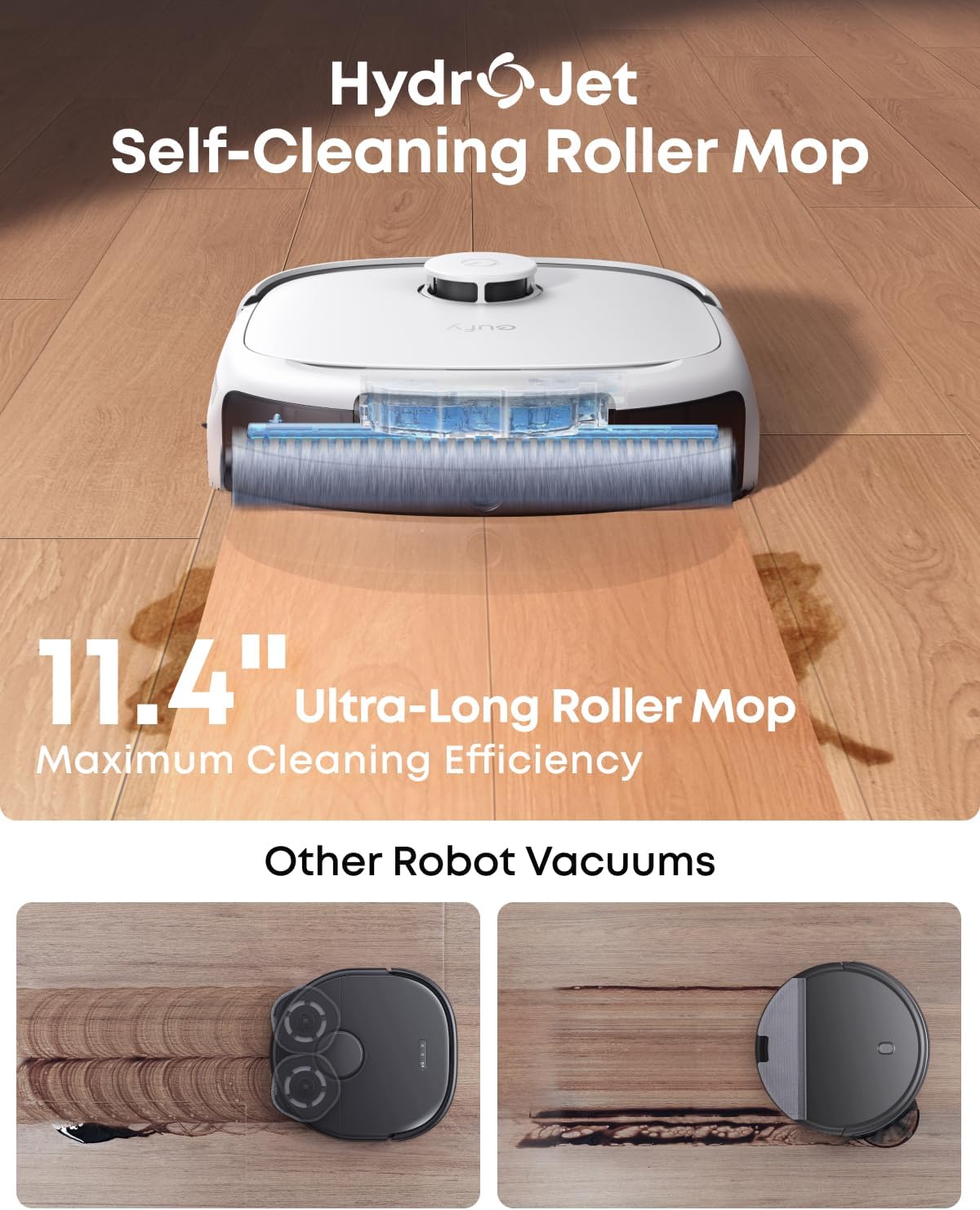 Aspirateur robot eufy E25, système HydroJet doté de balai à franges, aspiration turbo 20 000 Pa, robot laveur tout-en-un, nettoyage des bords et des coins, conception anti-enchevêtrement, détection d'obstacles par IA, blanc