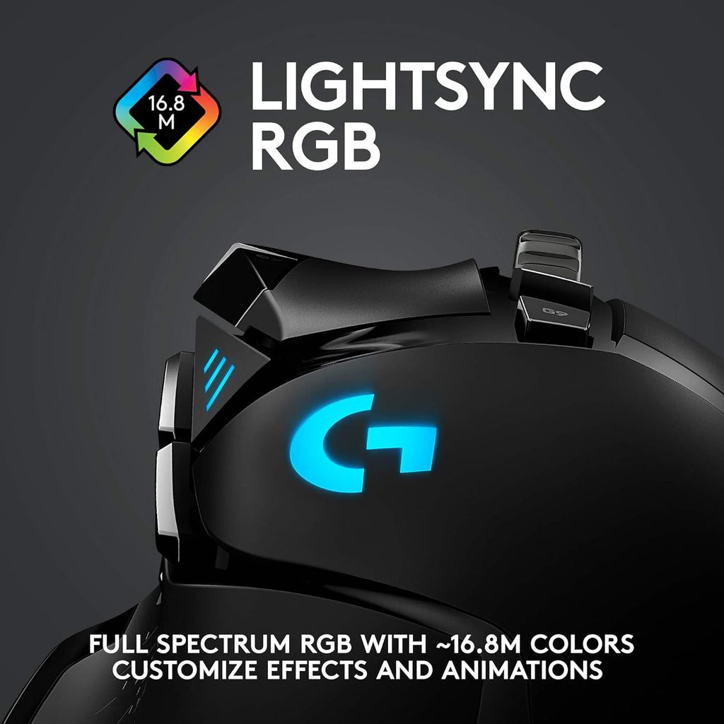 Souris gaming à connectivité sans fil Logitech G502 Lightspeed doté de capteur Hero 25K, compatible PowerPlay, poids ajustables et éclairage RVB Lightsync - Noir