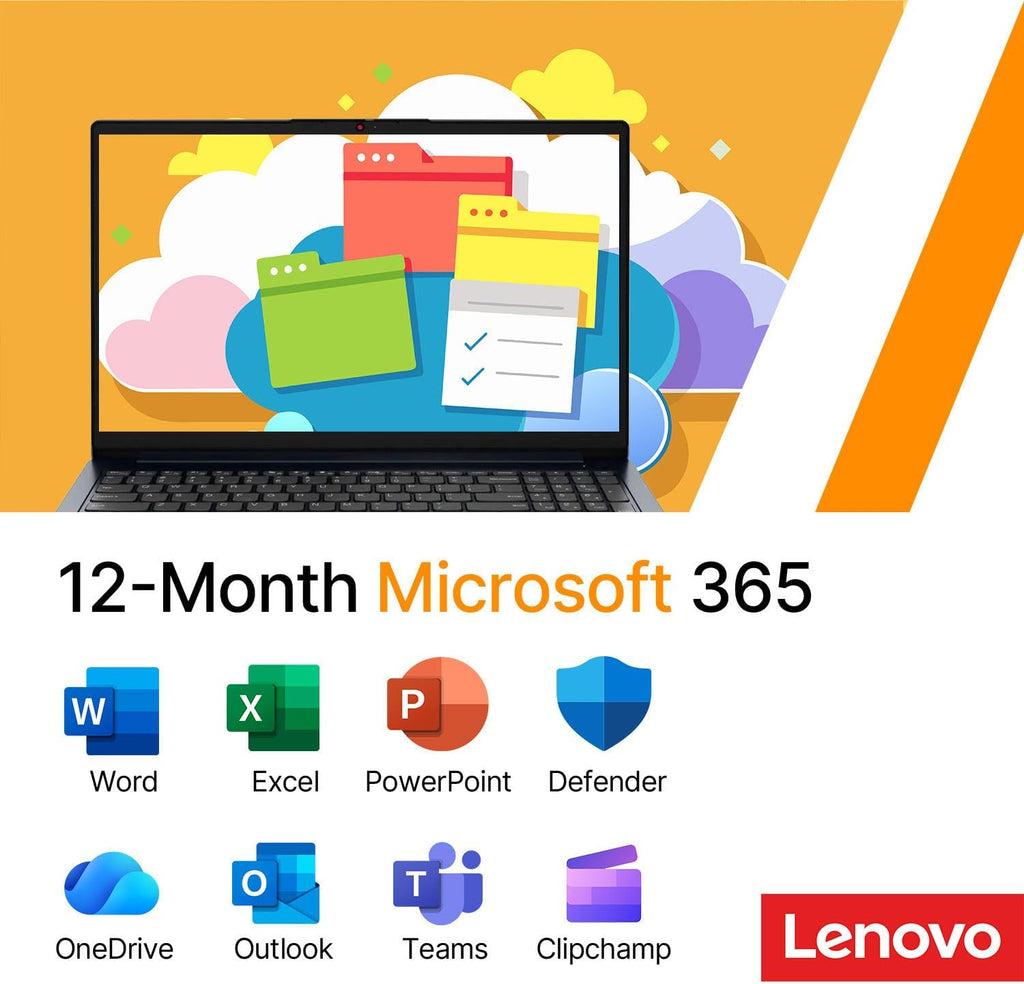 Ordinateur compact portable professionnel Lenovo IdeaPad 15,6" FHD • Microsoft Office 365 • 1,1 To de stockage • DDR4 • Processeur Intel double cœur • 1 To de stockage cloud et 128 Go de SSD • Wi-Fi 6 • Copilot AI • Windows 11 (sans souris) •