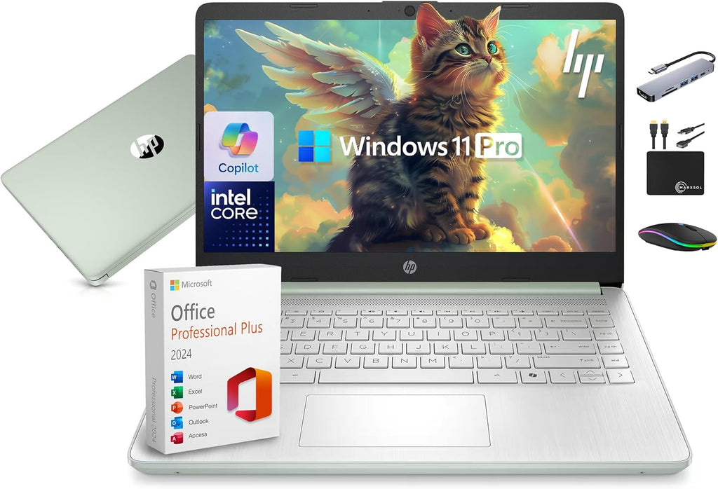 Ordinateur compact portable HP 14 (2025-2026) : Professionnel, Étudiant, Copilot AI, Suite Office à vie, Processeur Intel quadricœur, 16 Go de RAM, 628 Go de stockage (128 Go UFS + 500 Go d'extension), Wi-Fi 6, Autonomie de plus de 10 heures