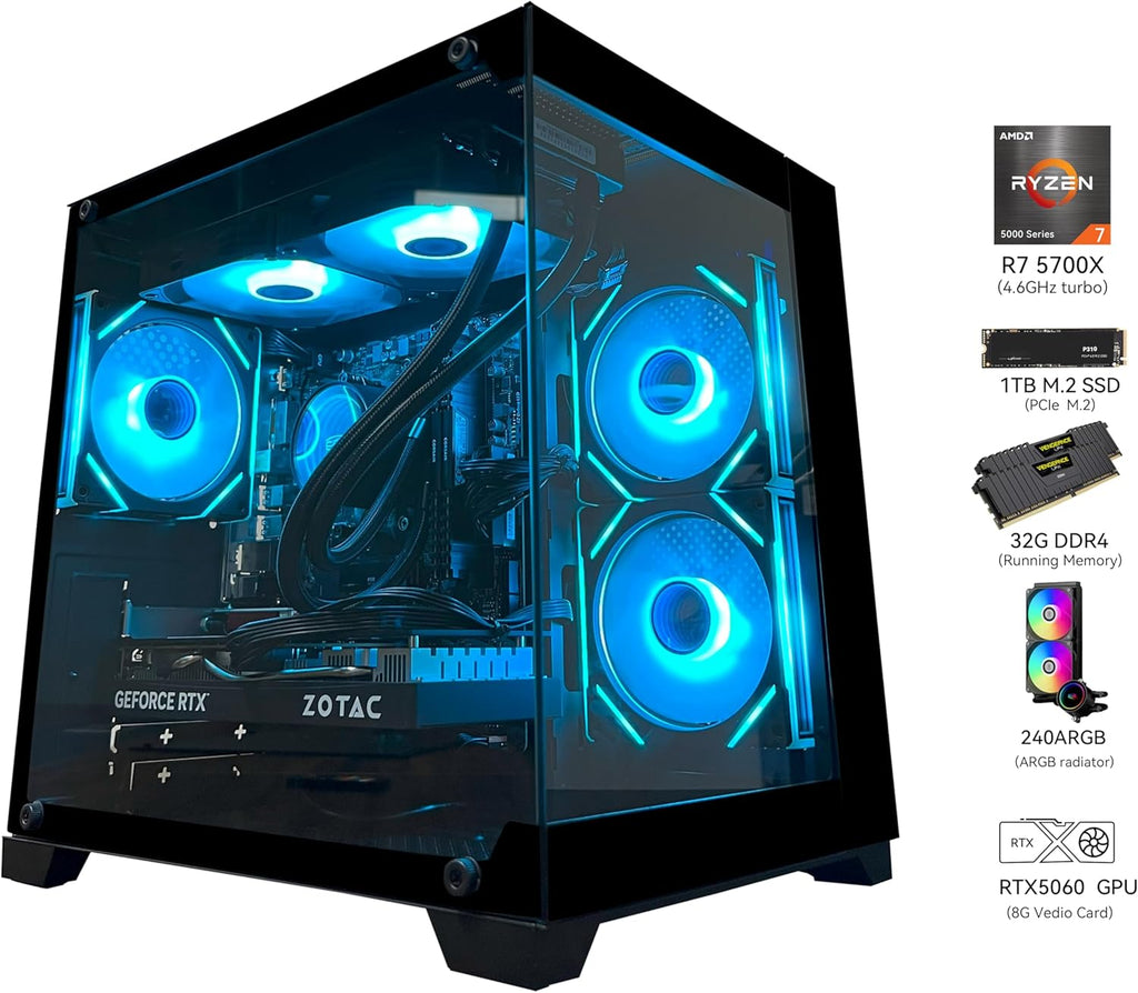 PC de bureau gaming Ryzen 7 5700X, RTX 5060, 32 Go de RAM DDR4, SSD M.2 NVMe 1 To, refroidissement liquide, ventilateurs ARGB, configuration bureautique pour la conception de jeux. – Modèle pratique