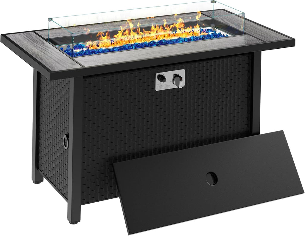 Foyer extérieur Meilocar 45 po (114 cm) au propane dotée de pare-vent en verre et housse anti-pluie, 50 000 BTU, 3 en 1, pour patio, cour ou balcon, plateau gris.