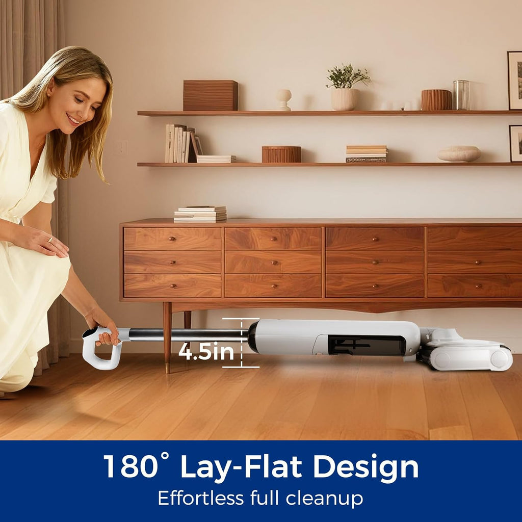 Balai aspirateur eau et poussière, balai aspirateur à connectivité sans fil tout-en-un à plat à 180°, machine de nettoyage des sols, autonomie de 45 minutes, nettoyage automatique allant jusqu'à 70 °C, nettoyage des bords, balai aspirateur…