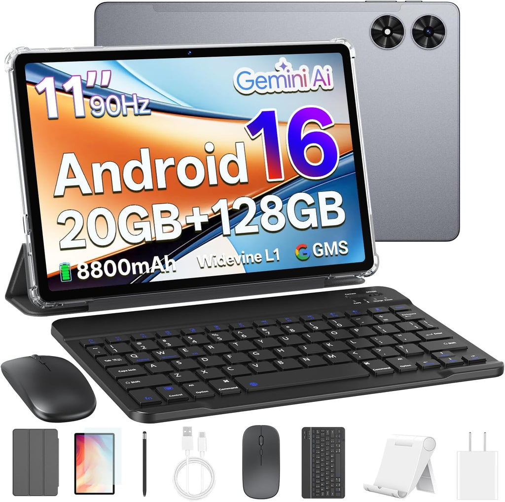 Tablette tactile Android 16 avec clavier, 11 pouces, processeur octocœur et intelligence artificielle Gemini, 20 Go de RAM + 128 Go de ROM (extensible jusqu'à 1 To), double caméra 13 MP + 8 MP, batterie 8 800 mAh, Wi-Fi 6, Widevine L1, 2 en 1 avec so