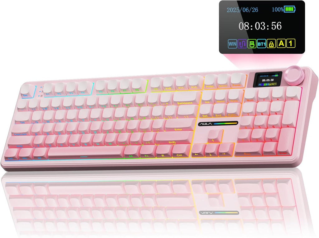 AULA F108 PRO - Clavier mécanique à connectivité sans fil doté de écran et molette, clavier complet doté de batterie 8000 mAh, commutateurs pré-lubrifiés, touches PBT imprimées latéralement, rétroéclairage RGB, touches roses personnalisables et…