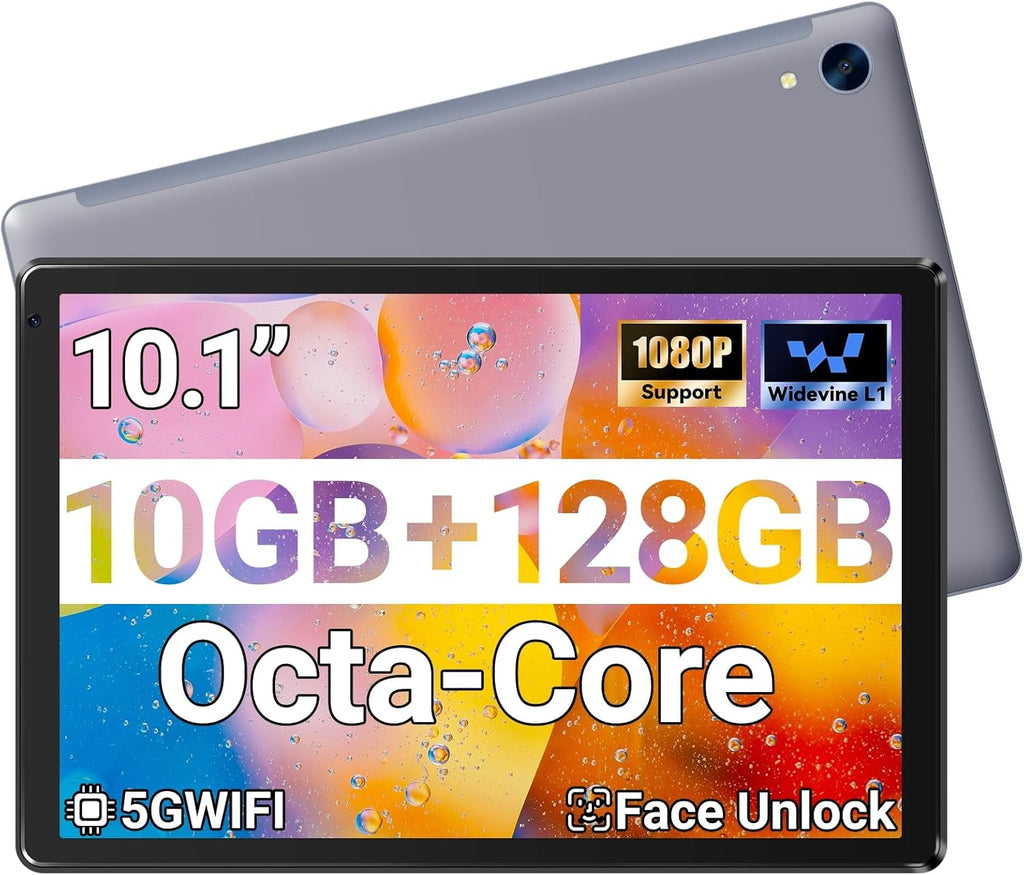 Tablette tactile Android 10,1 pouces, processeur octocœur, 10 Go de RAM + 128 Go de ROM extensible jusqu'à 1 To, écran tactile IPS HD 1280 x 800 (Widevine L1), double caméra 5 MP + 8 MP, déverrouillage facial, batterie 5000 mAh, Wi-Fi 6, Bluetooth 5.