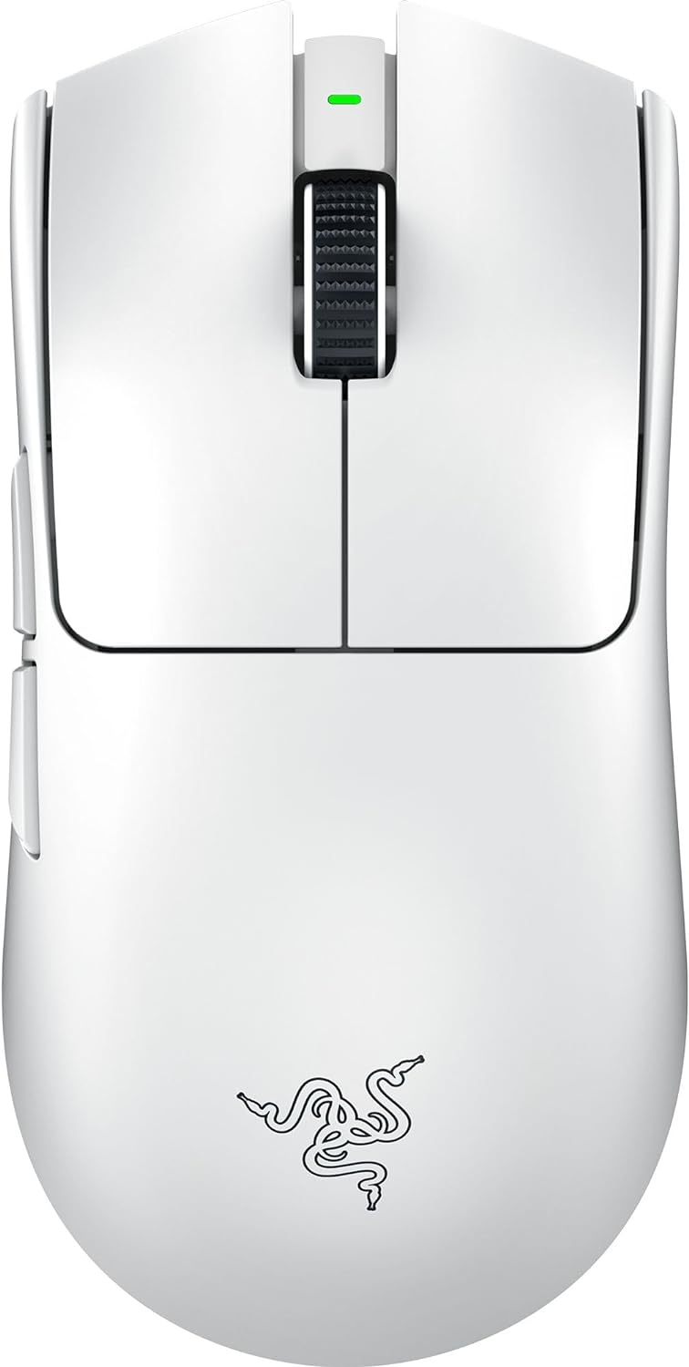Souris gaming à connectivité sans fil Razer Viper V3 Pro : symétrique, légère (55 g), fréquence de rafraîchissement de 8 000 Hz, capteur optique 35 000 DPI, commutateurs optiques Gen3, 8 boutons programmables, autonomie de 95 h, blanche.
