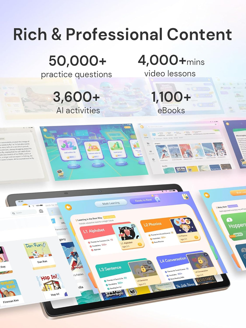 Tablette tactile pédagogique IA pour enfants avec contrôle parental - Plus de 50 000 contenus : apprentissage par l'IA (langue, mathématiques, alphabet, vocabulaire, lecture, phonétique, sciences, technologie, ingénierie, arts et mathématiques) pour