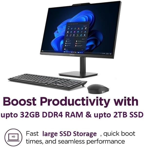 Ordinateur de bureau tout-en-un Lenovo AIO 24 FHD, licence à vie pour Office 365 pour le Web, processeur Intel quadricœur, 8 Go de RAM DDR4, SSD PCIe de 512 Go, Wi-Fi 6, Bluetooth 5.2, HDMI, noir onyx, clavier, Windows 11 Famille – Modèle pratique