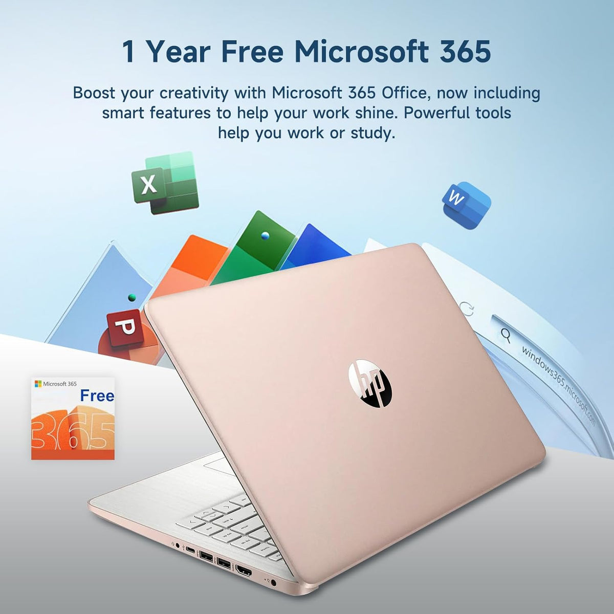 Ordinateur compact portable HP 14 Quad-Core (Beat i3), 8 Go de RAM, 256 Go de stockage (128 Go UFS + carte SD de 128 Go), abonnement d'un an à Office 365, Copilot AI, idéal pour les études et la rentrée scolaire, Windows 11 avec accessoires GM