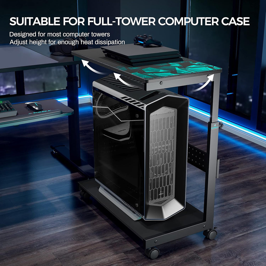 Support PC ergonomique EUREKA, chariot à roulettes en métal noir, réglable en hauteur, compatible doté de boîtiers ATX et imprimantes, adapté à le gaming, la maison et le bureau.