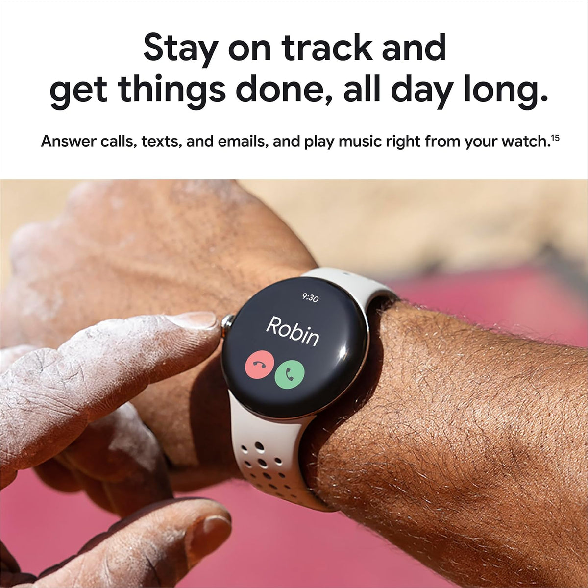 Présentation : Google Pixel Watch 2 (modèle précédent) avec le meilleur de Fitbit : suivi de la fréquence cardiaque, gestion du stress, sécurité. Montre connectée Android avec boîtier en aluminium argenté poli, bracelet Bay Active et Wi-Fi.