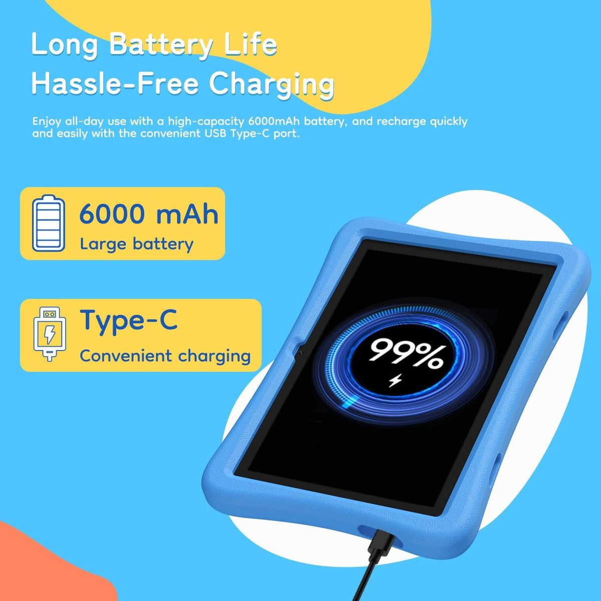 Tablette tactile enfant SVITOO 10 pouces, tablette Android pour tout-petits avec contrôle parental, 20 Go de RAM, 32 Go de ROM extensible jusqu'à 1 To, double caméra, batterie 6000 mAh, Wi-Fi 6, coque antichoc en EVA bleue