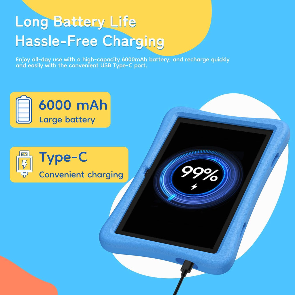 Tablette tactile enfant SVITOO 10 pouces, tablette Android pour tout-petits avec contrôle parental, 20 Go de RAM, 32 Go de ROM extensible jusqu'à 1 To, double caméra, batterie 6000 mAh, Wi-Fi 6, coque antichoc en EVA bleue