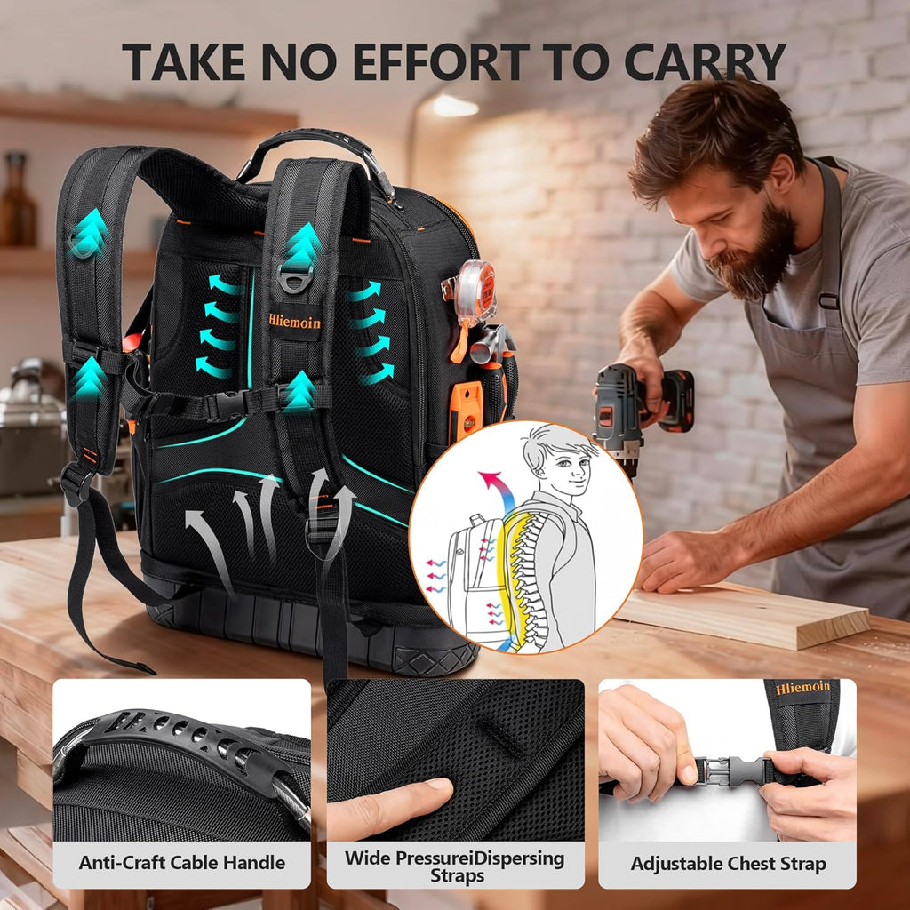 Sac à dos à outils robuste en tissu Oxford 1680D, 75 poches et passants, sac à dos d'électricien, grand sac à outils CVC à fond rigide, sac à dos pour technicien de chantier avec compartiment pour ordinateur compact portable 16 pouces pour hommes