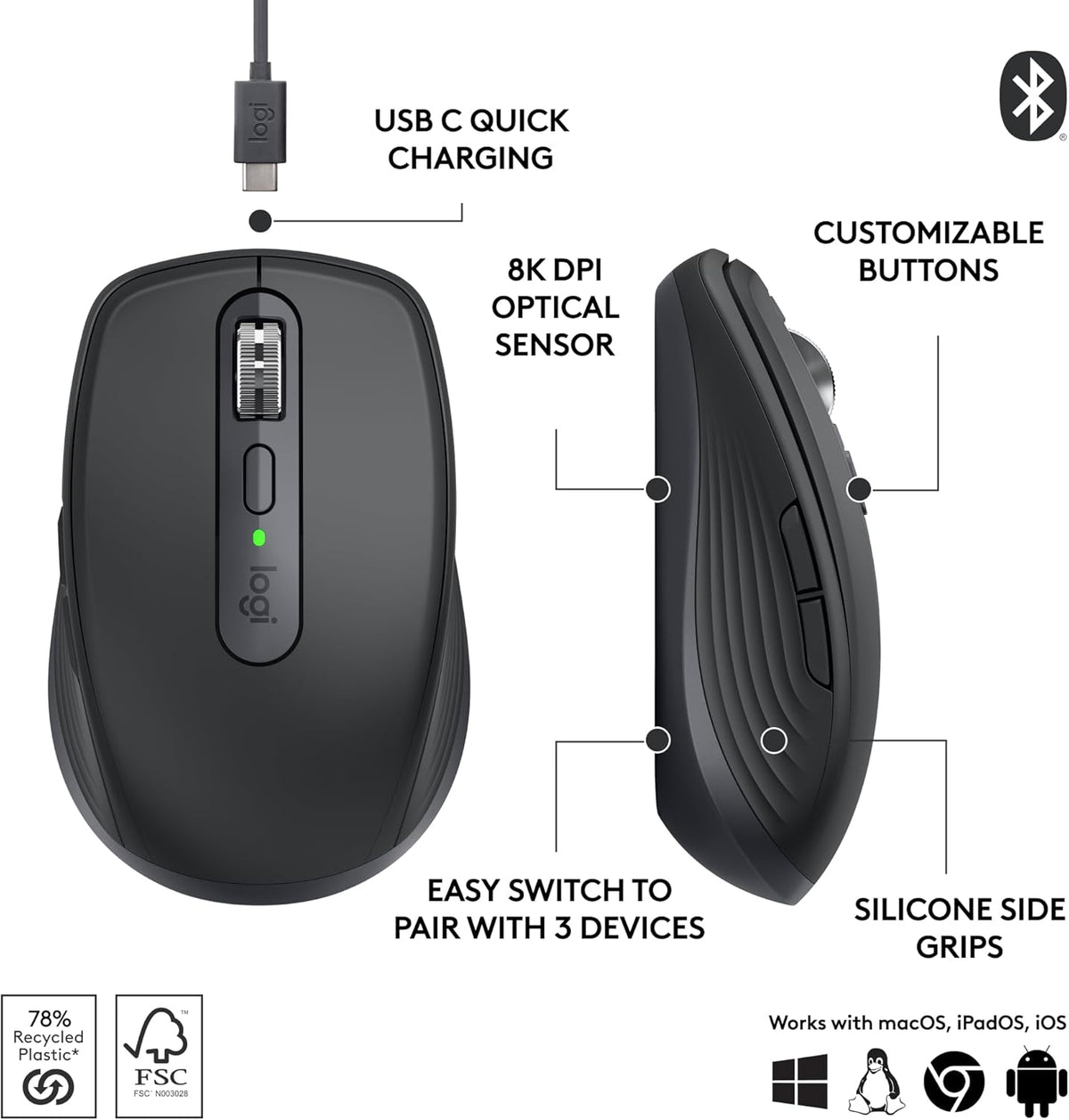 Souris à connectivité sans fil au format au format compact Logitech MX Anywhere 3S, défilement réactif, suivi multi-surfaces 8 000 DPI, clics silencieux, boutons programmables, USB-C, Bluetooth, compatible Windows, Linux, Chrome OS et Mac - Graphite