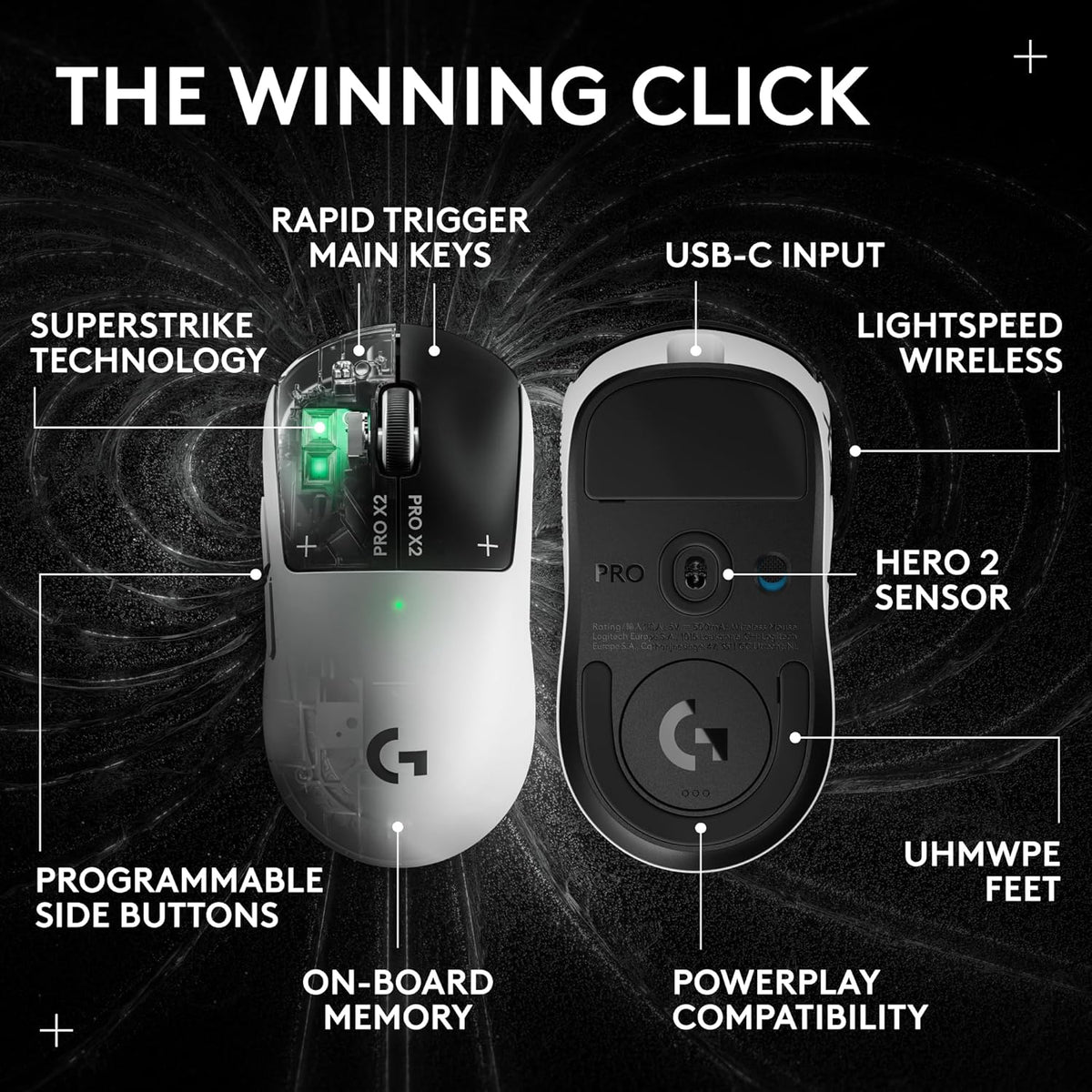 Souris gaming sans fil Logitech PRO X2 SUPERSTRIKE Lightspeed : performances ultra-rapides, ultra-légère (61 g), retour haptique personnalisable, chargement USB-C, pour PC/Mac/ordinateur compact portable – Blanche