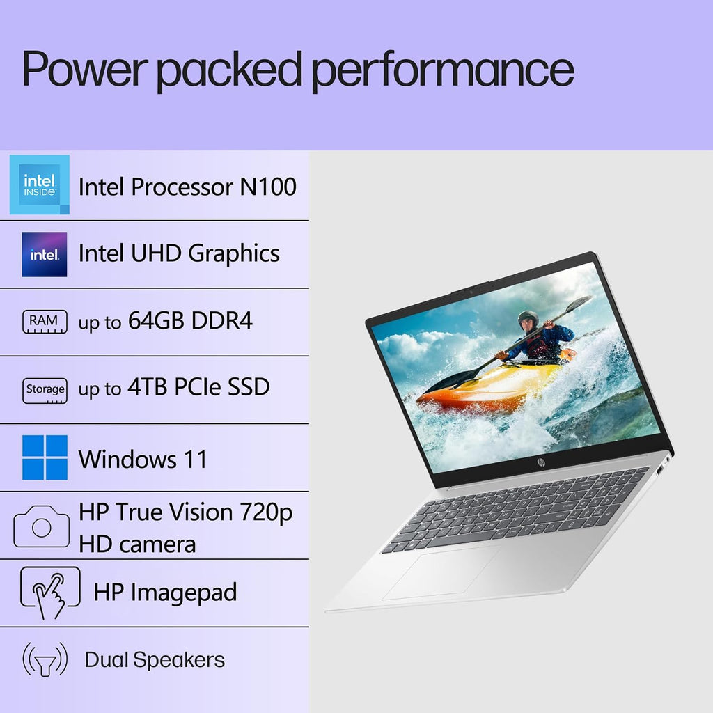 Ordinateur compact portable HP Pavilion 15,6" FHD, 16 Go de RAM DDR4, SSD PCIe 240 Go, processeur Intel N100, Wi-Fi 6, Bluetooth, webcam, port USB Type-C, licence à vie pour Office 365, Windows 11, RJ45, gris clair